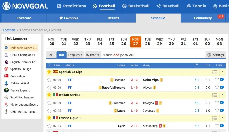 Lịch Thi Đấu Bóng Đá Tại Nowgoal cho Hôm Nay, Ngày Mai